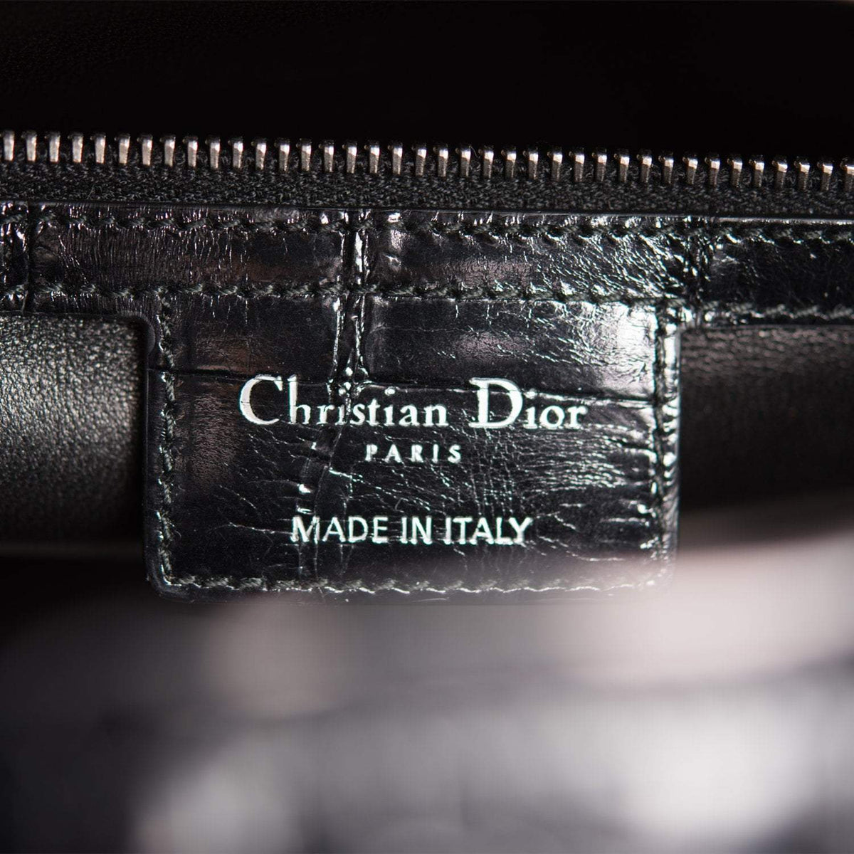 Christian Dior Black Large Lady Dior Crocodile Tote Silver Hardware