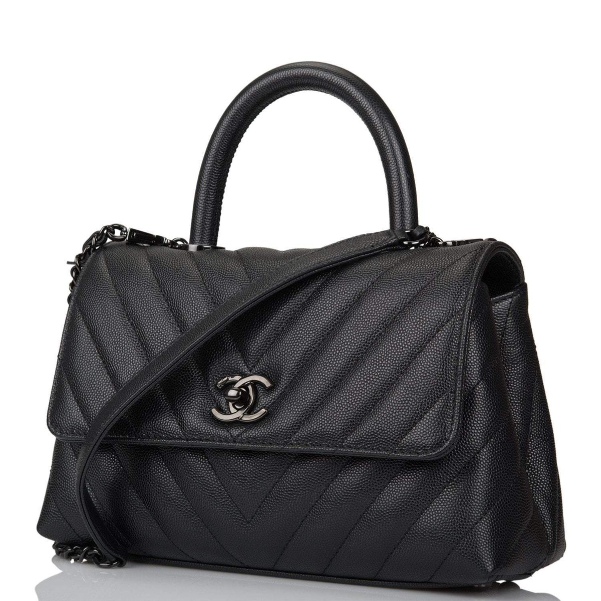 Chanel SO Black Chevron Caviar Mini Coco Handle Flap Bag Black Hardware