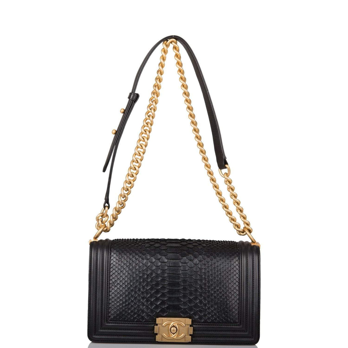 Pre-owned Chanel Black Python Medium Boy Bag Antique Gold Hardware