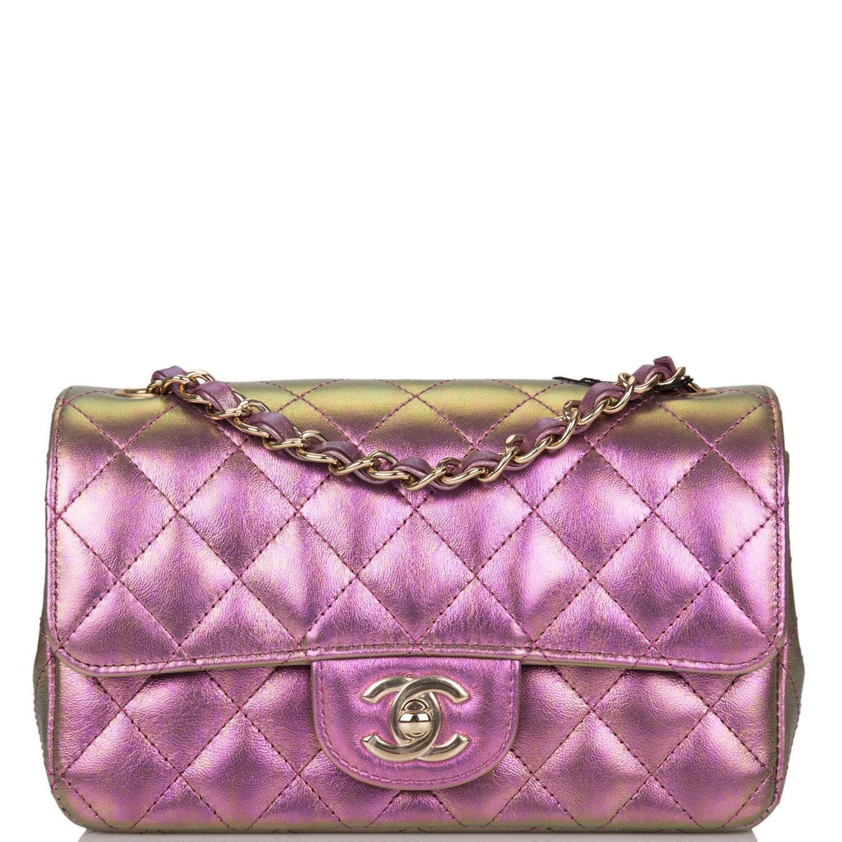 Chanel Mini Rectangular Flap Bag Purple Iridescent Lambskin Light Gold Hardware