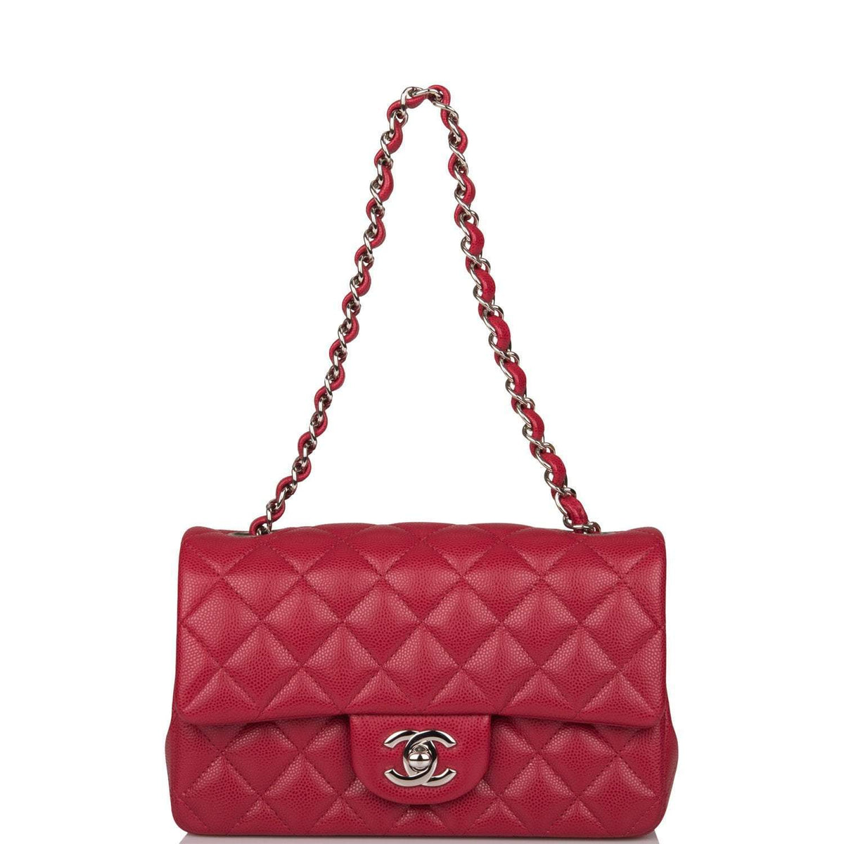 Chanel Mini Rectangular Flap Bag Red Caviar Silver Hardware