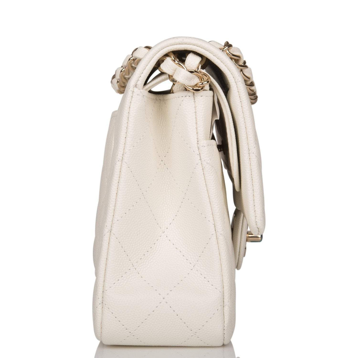 Chanel White Quilted Caviar Medium Classic Double Flap Bag Light Gold Hardware