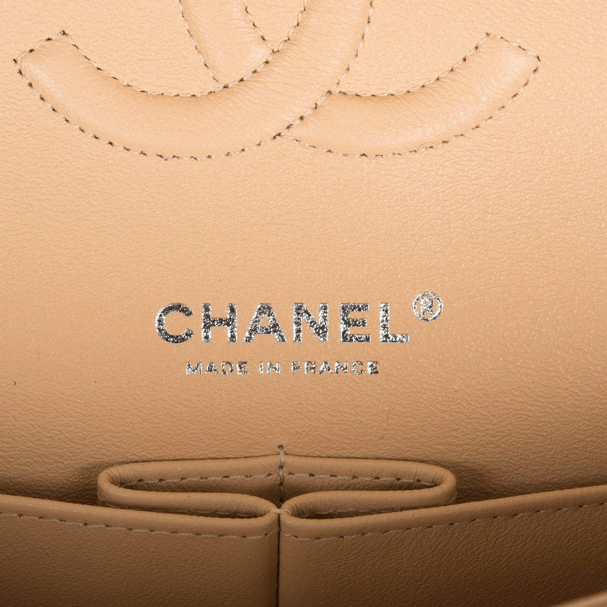Chanel Medium Classic Double Flap Bag Beige Quilted Caviar Silver Hardware