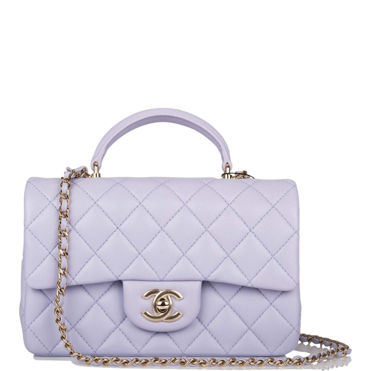 Chanel Rectangular Mini Flap Bag with Top Handle Lavender Quilted Lambskin Light Gold Hardware