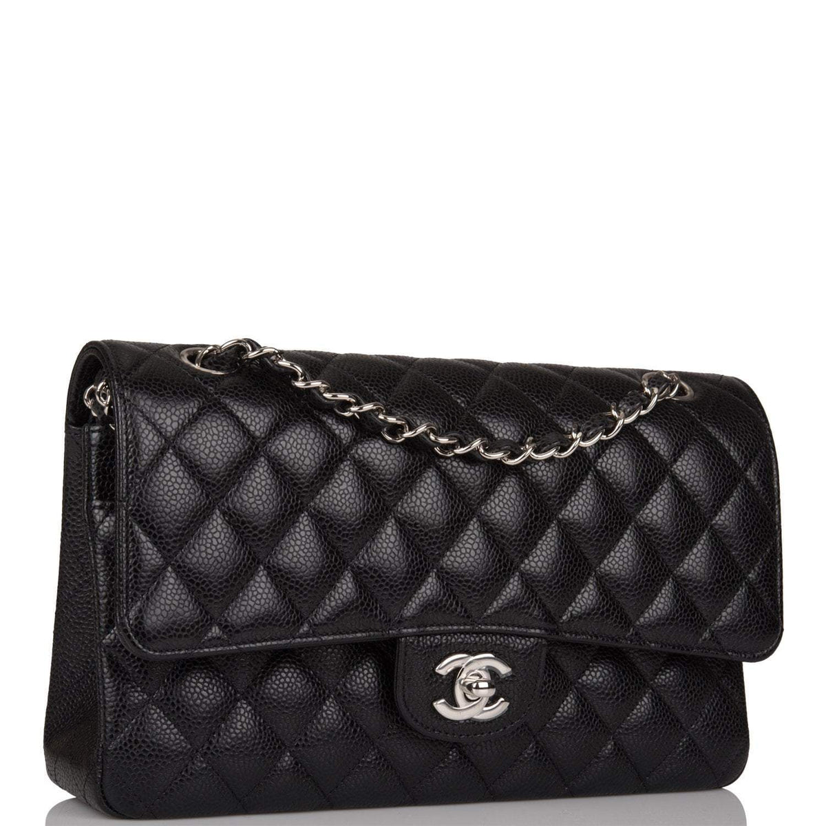 Chanel Medium Classic Double Flap Bag Black Quilted Caviar Silver Hardware