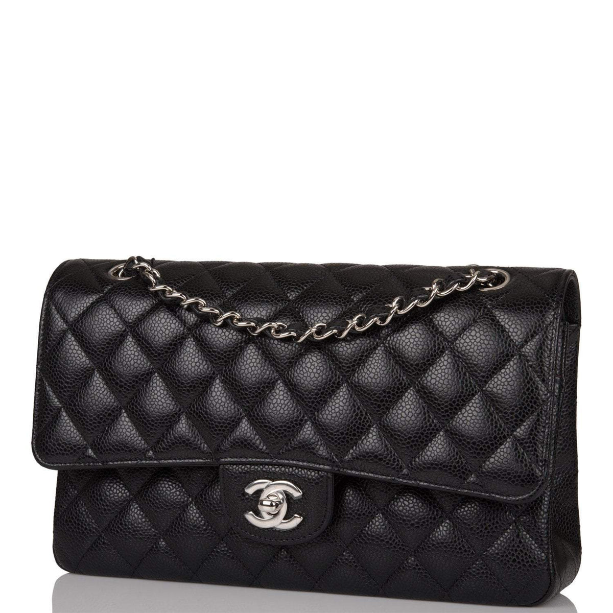 Chanel Medium Classic Double Flap Bag Black Quilted Caviar Silver Hardware