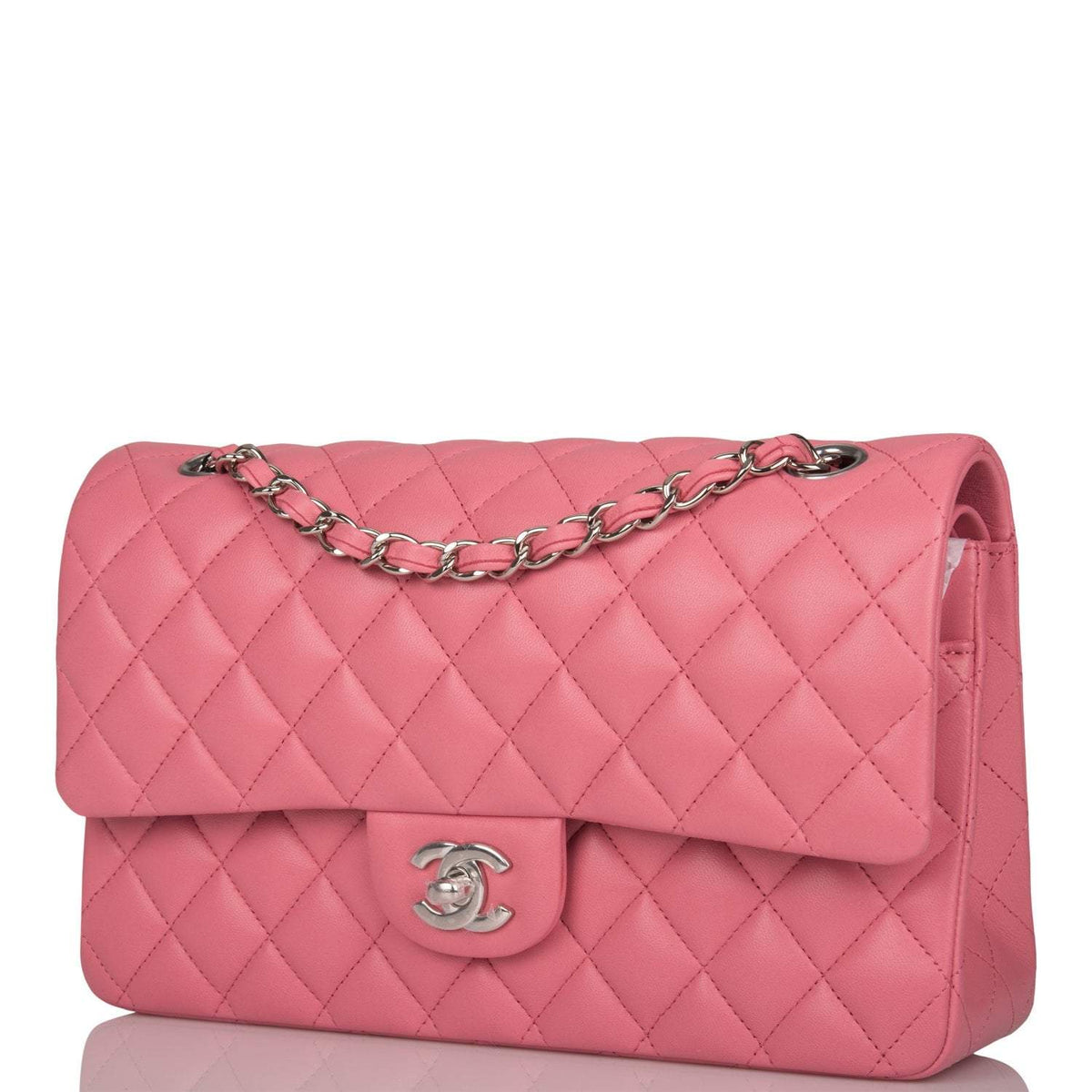 Chanel Medium Classic Double Flap Bag Rose Quilted Lambskin Silver Hardware