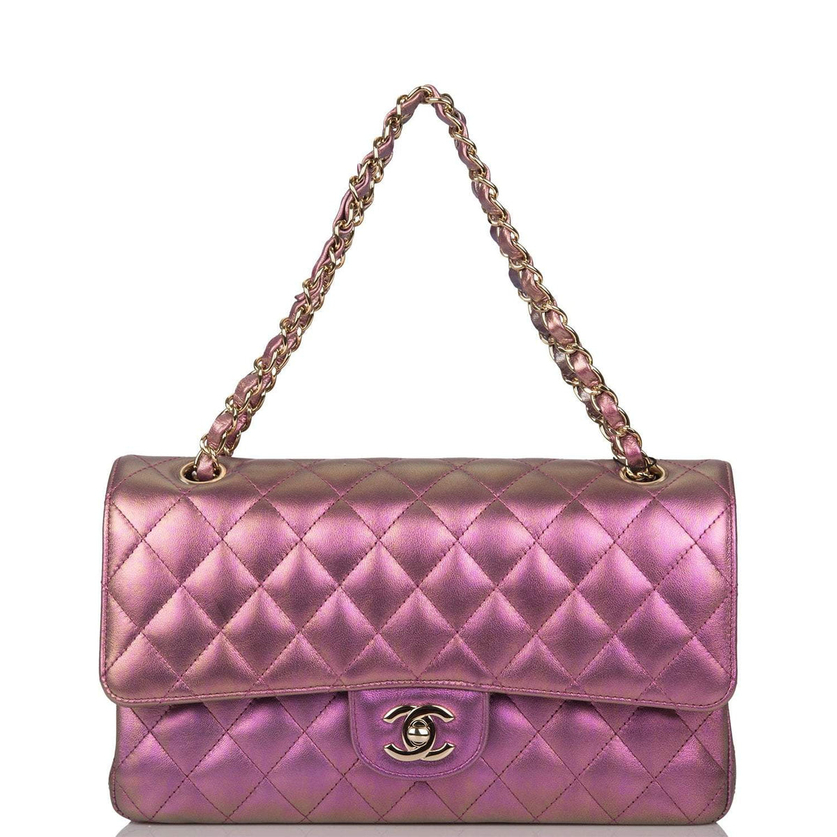 Chanel Medium Classic Double Flap Bag Purple Iridescent Lambskin Light Gold Hardware