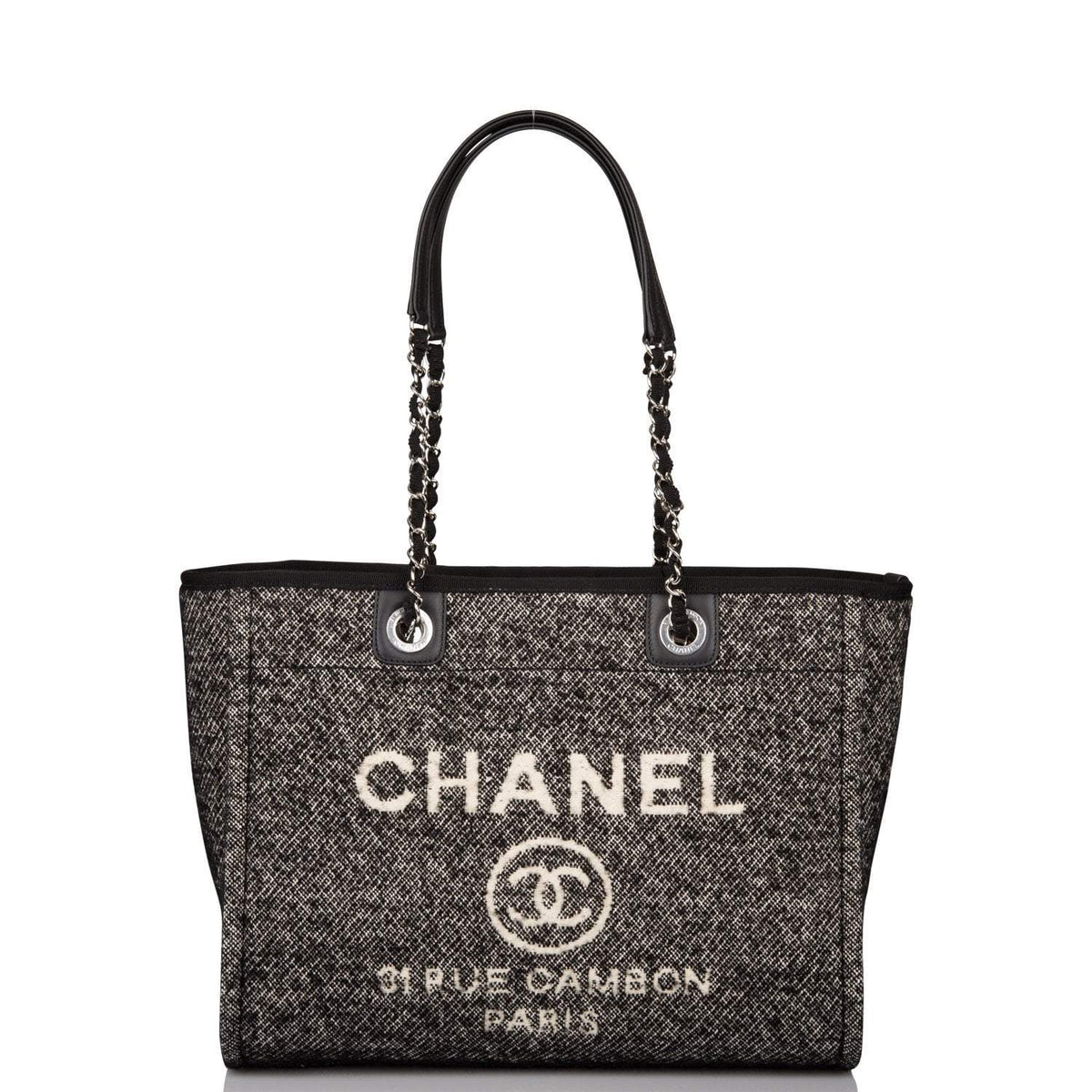 Chanel Small Deauville Shopping Bag Black Wool Silver Hardware