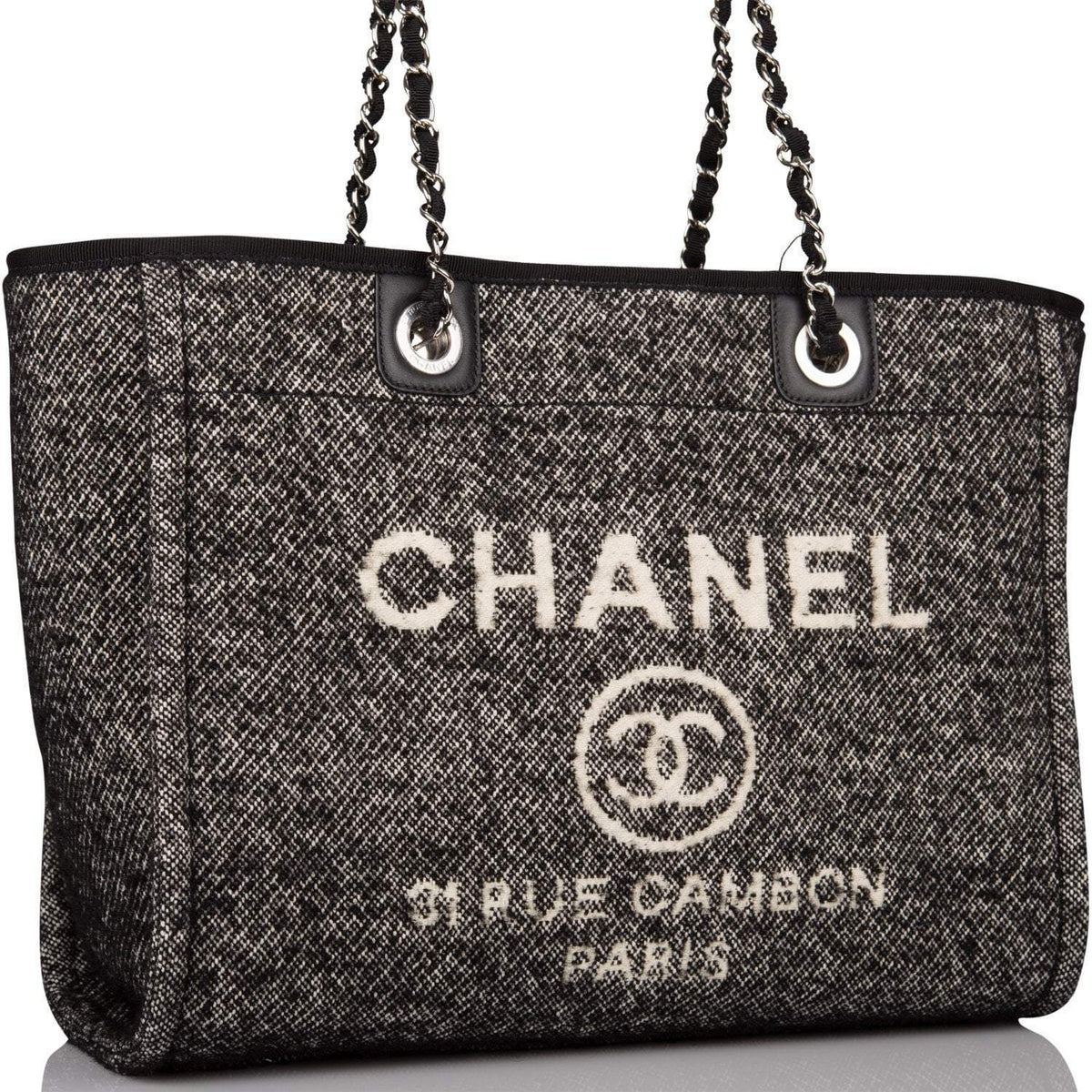 Chanel Small Deauville Shopping Bag Black Wool Silver Hardware