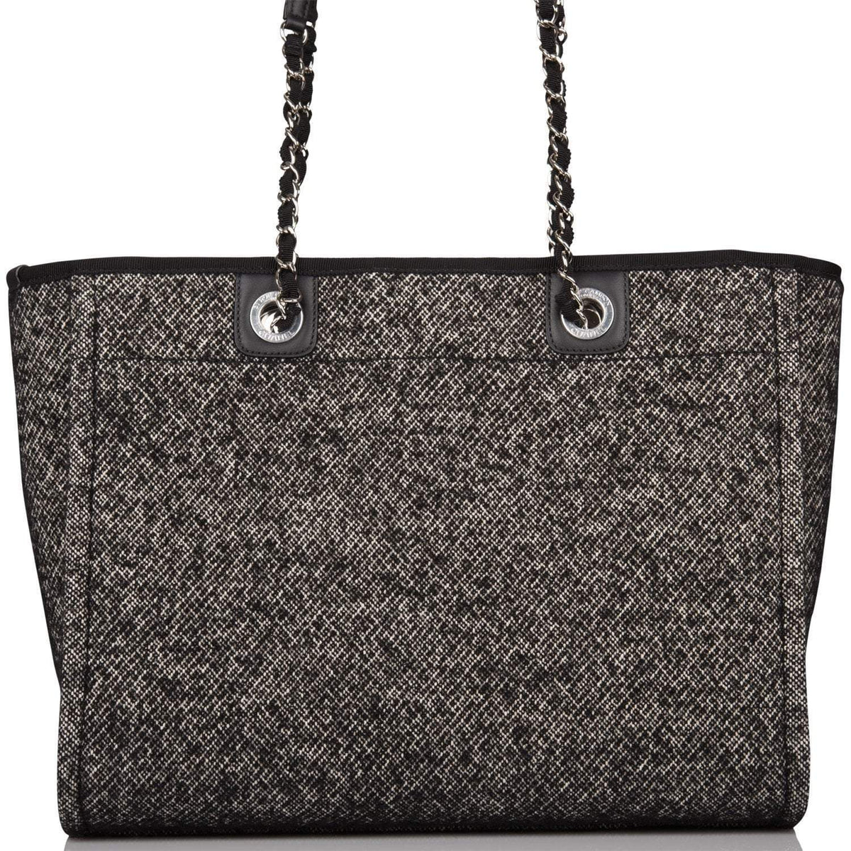 Chanel Small Deauville Shopping Bag Black Wool Silver Hardware