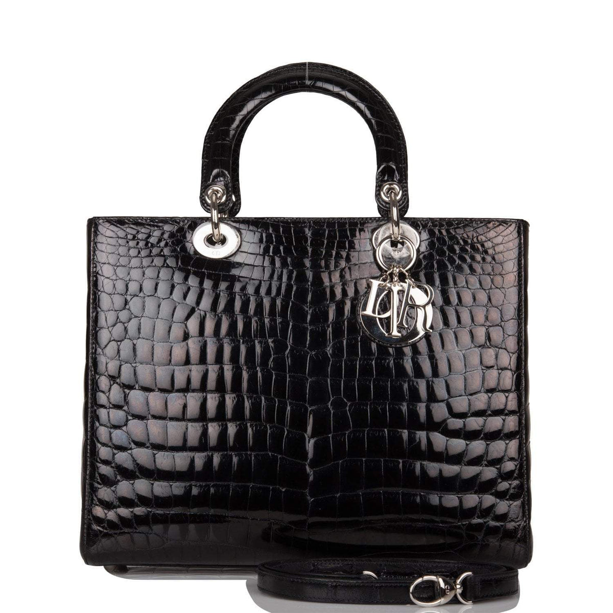 Christian Dior Black Large Lady Dior Crocodile Tote Silver Hardware