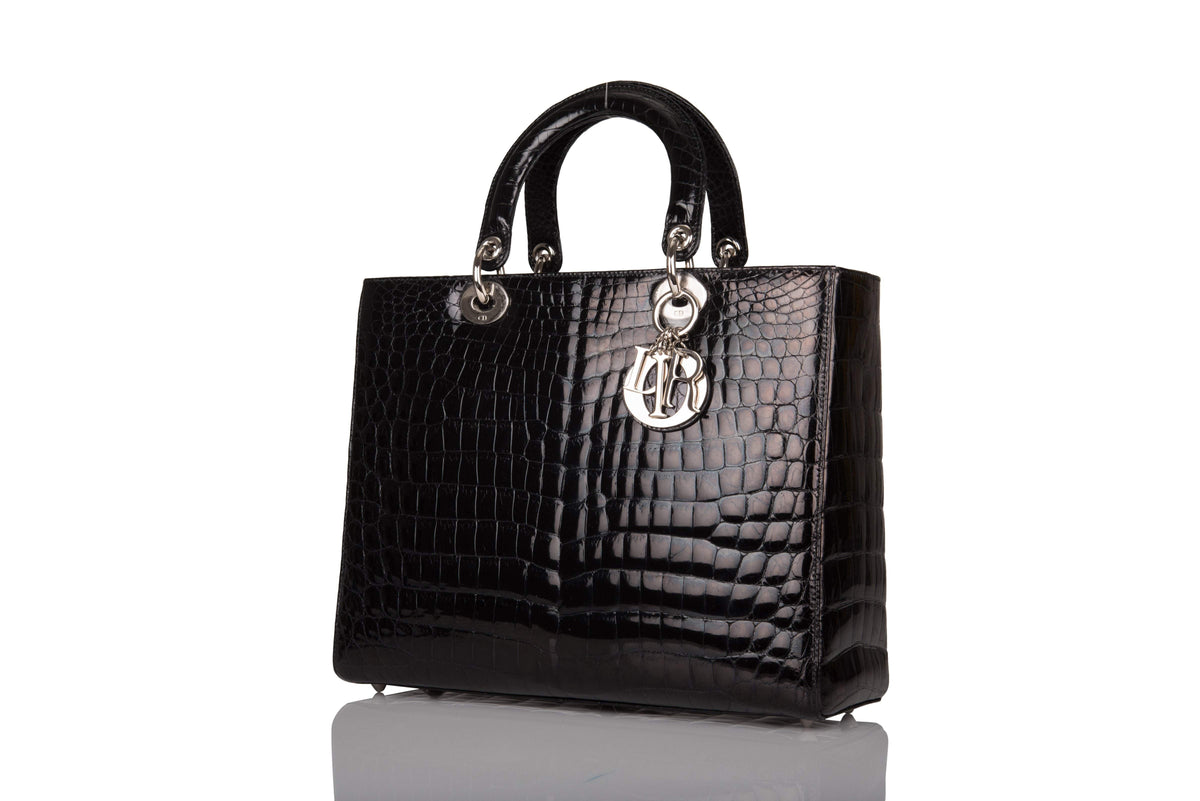 Christian Dior Black Large Lady Dior Crocodile Tote Silver Hardware