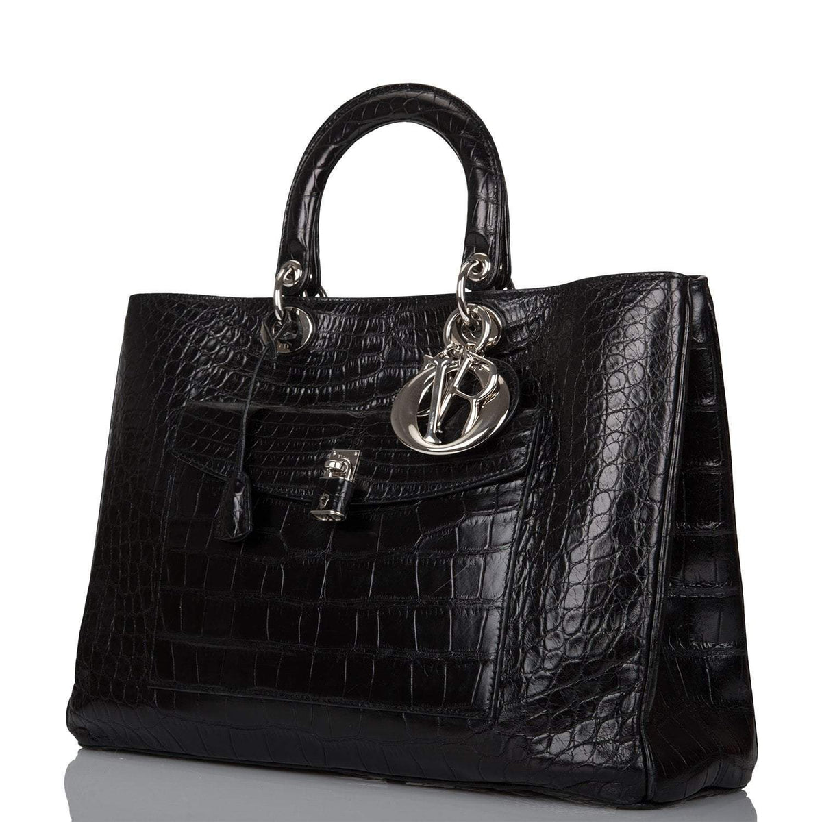 Christian Dior Black Diorissimo Pocket Matte Alligator Tote Silver Hardware