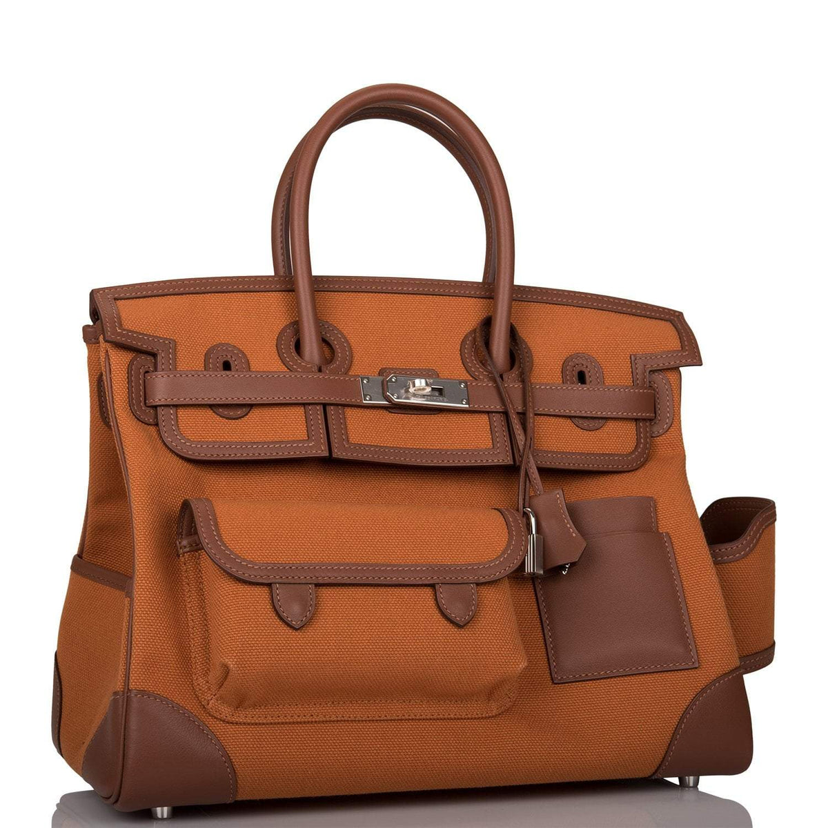 Hermes Marron Inde Swift and Gold Toile Canvas "Cargo" Birkin 35cm Palladium Hardware