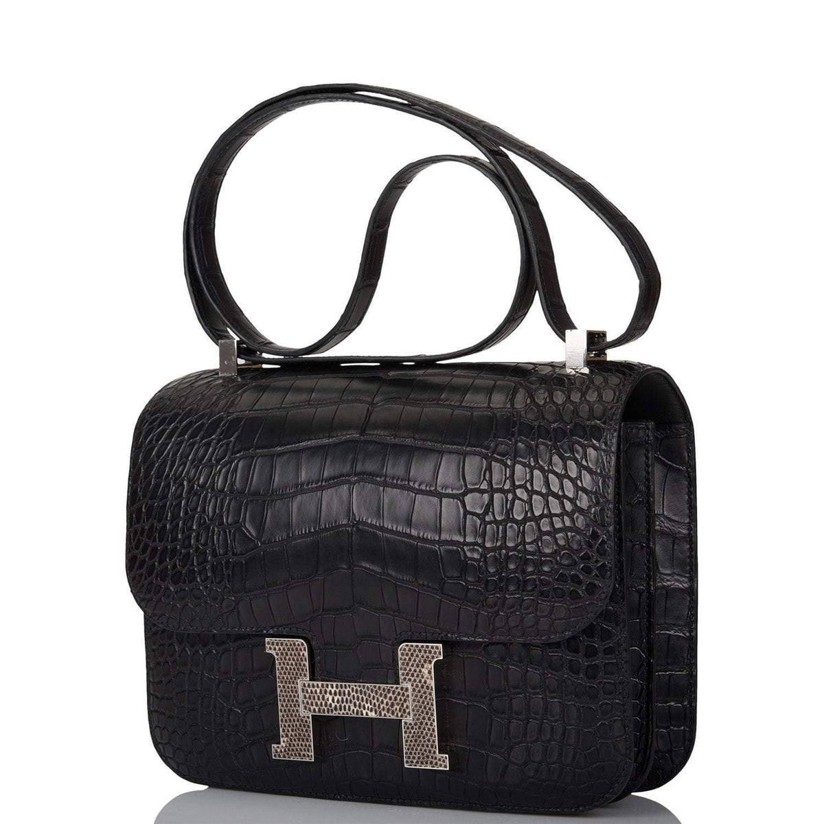 Hermes Black Matte Alligator and Ombre Lizard Marquette Constance 24cm Palladium Hardware
