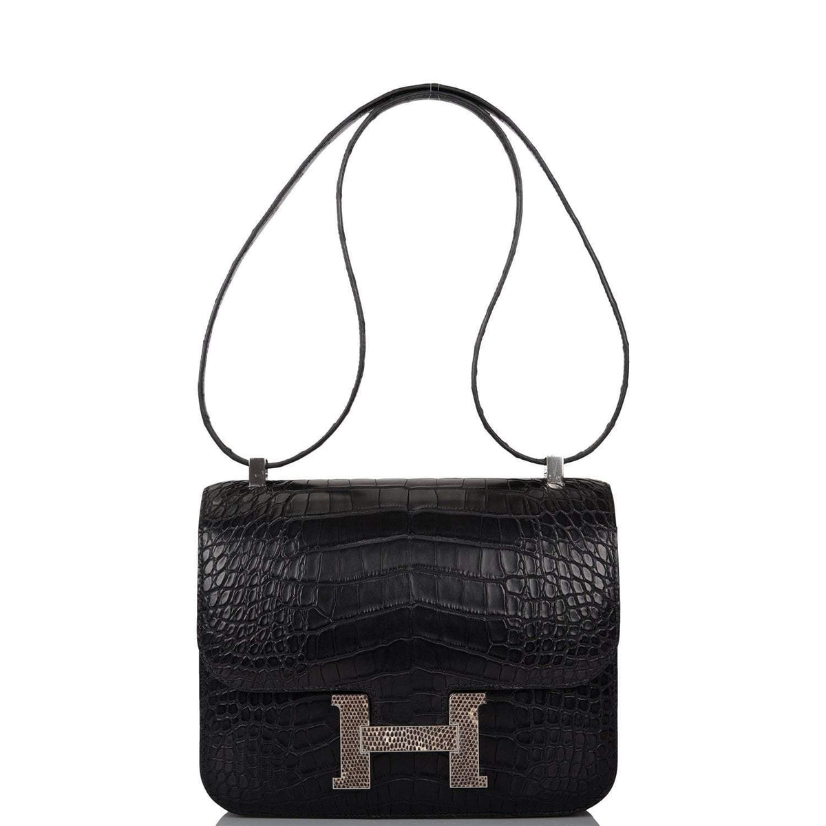 Hermes Black Matte Alligator and Ombre Lizard Marquette Constance 24cm Palladium Hardware
