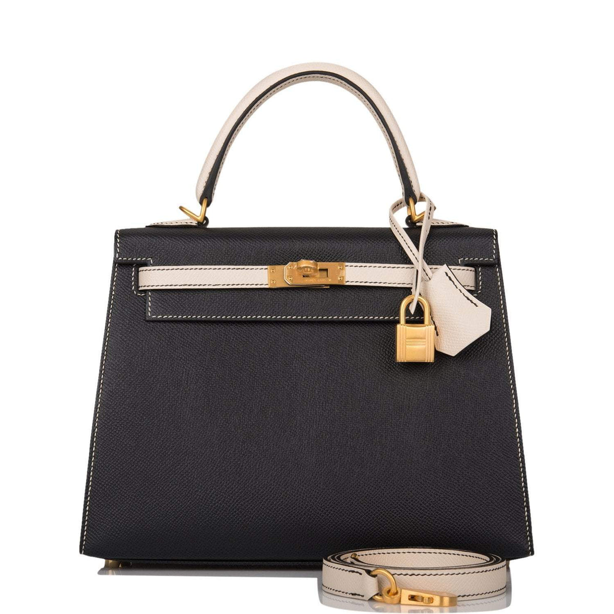 Hermes Kelly 25cm Bi-Color Black and Craie Epsom Sellier Brushed Gold Hardware