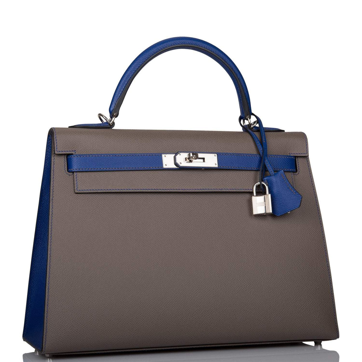 Hermes Kelly 32cm Bi-Color Etain and Bleu Electric Epsom Sellier Palladium Hardware