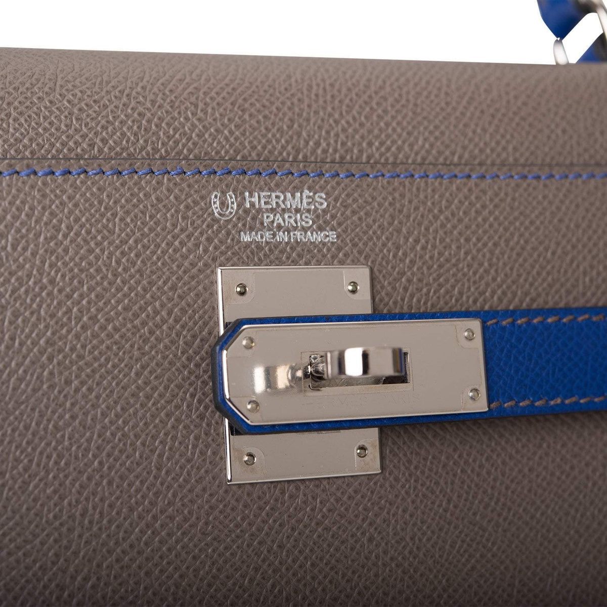 Hermes Kelly 32cm Bi-Color Etain and Bleu Electric Epsom Sellier Palladium Hardware