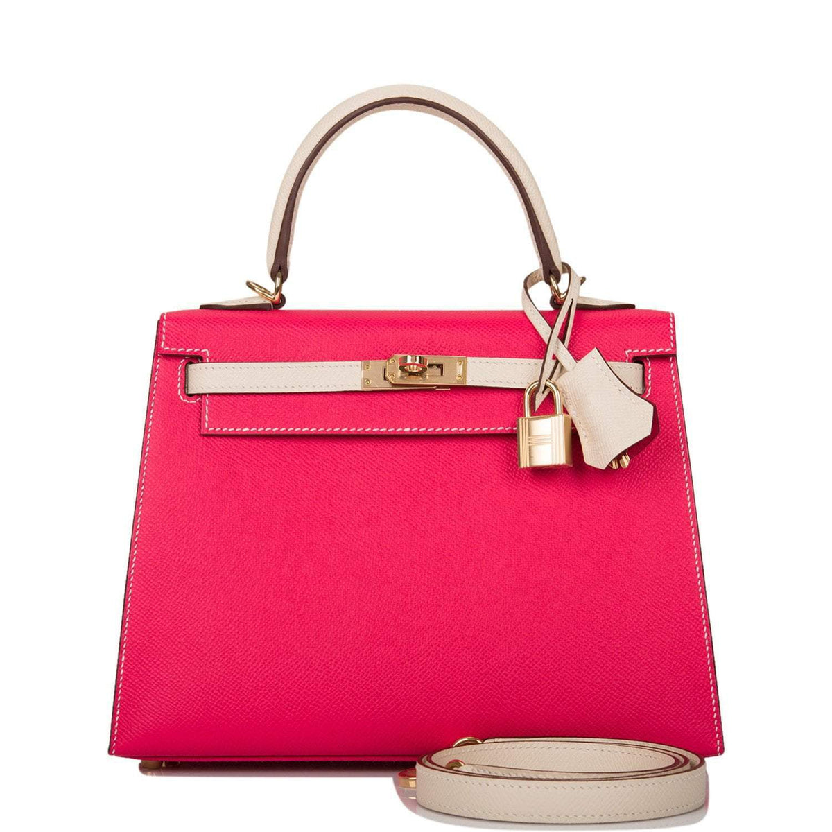 Hermes Kelly 25cm Bi-Color Rose Extreme and Craie Epsom Sellier Permabrass Hardware