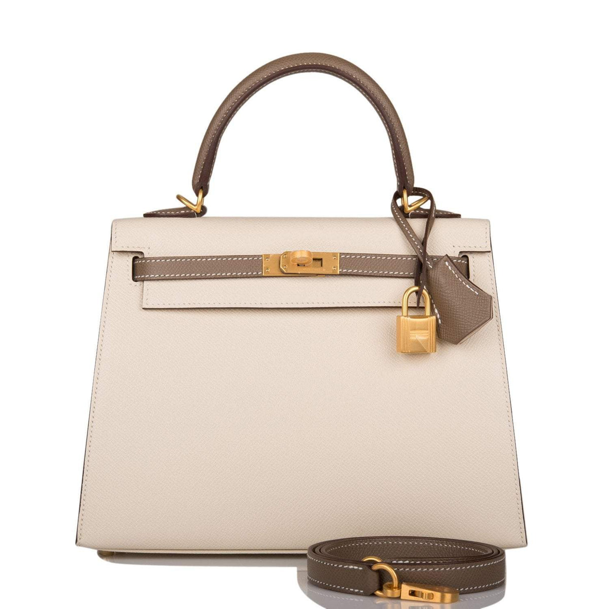 Hermes Kelly 25cm Bi-Color Craie and Etoupe Epsom Sellier Brushed Gold Hardware