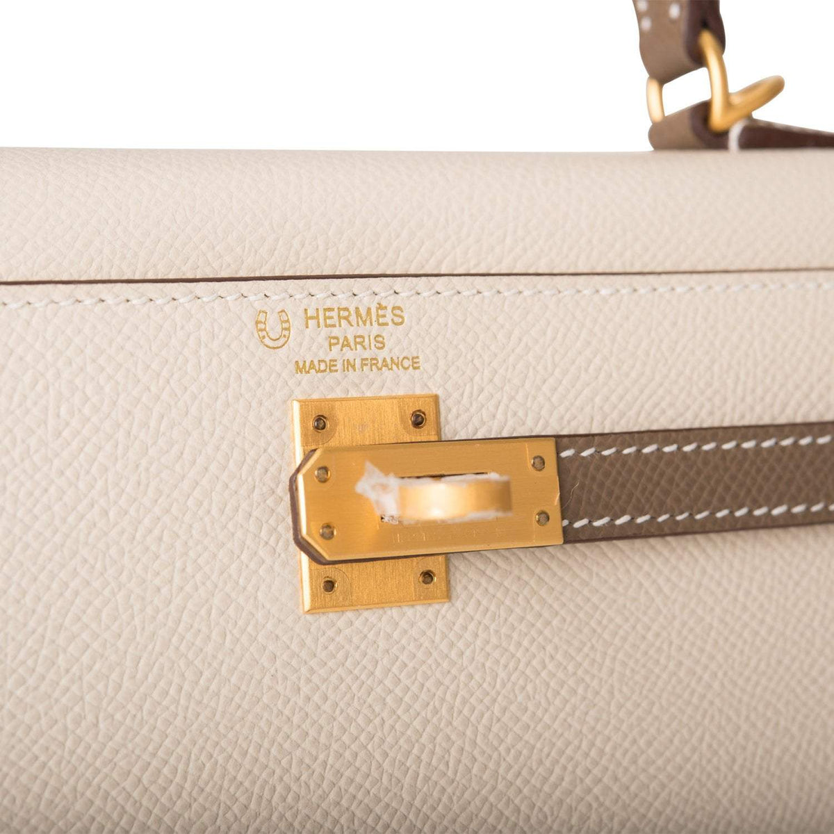Hermes Kelly 25cm Bi-Color Craie and Etoupe Epsom Sellier Brushed Gold Hardware