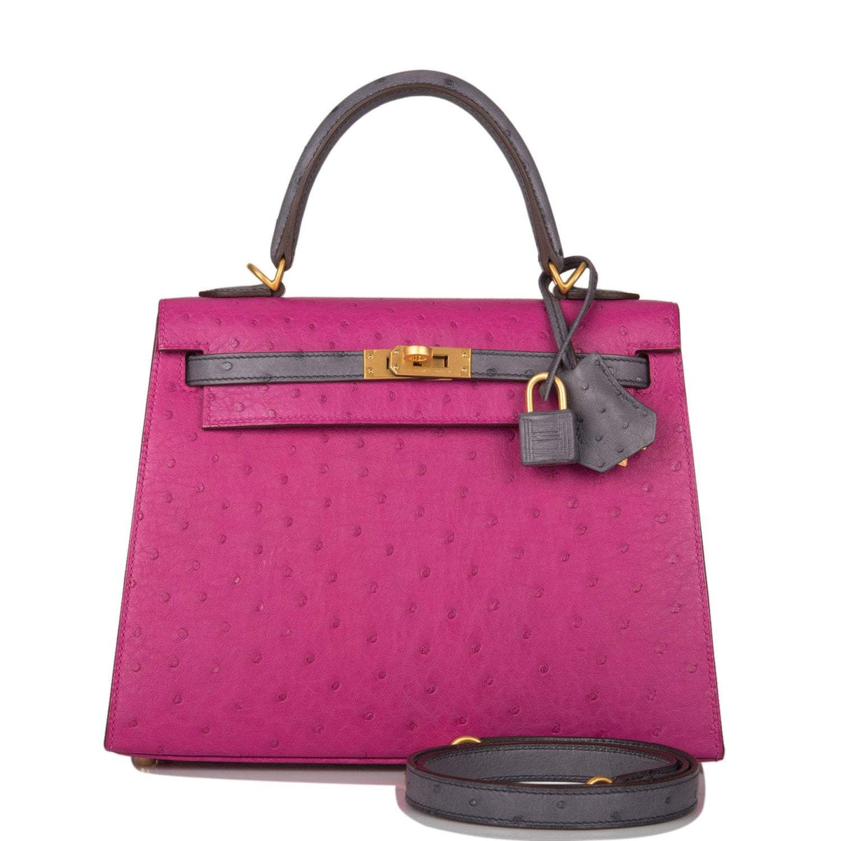 Hermes Horseshoe Stamp (HSS) Bi-Color Rose Pourpre and Gris Agate Ostrich Sellier Kelly 25cm Brushed Gold Hardware