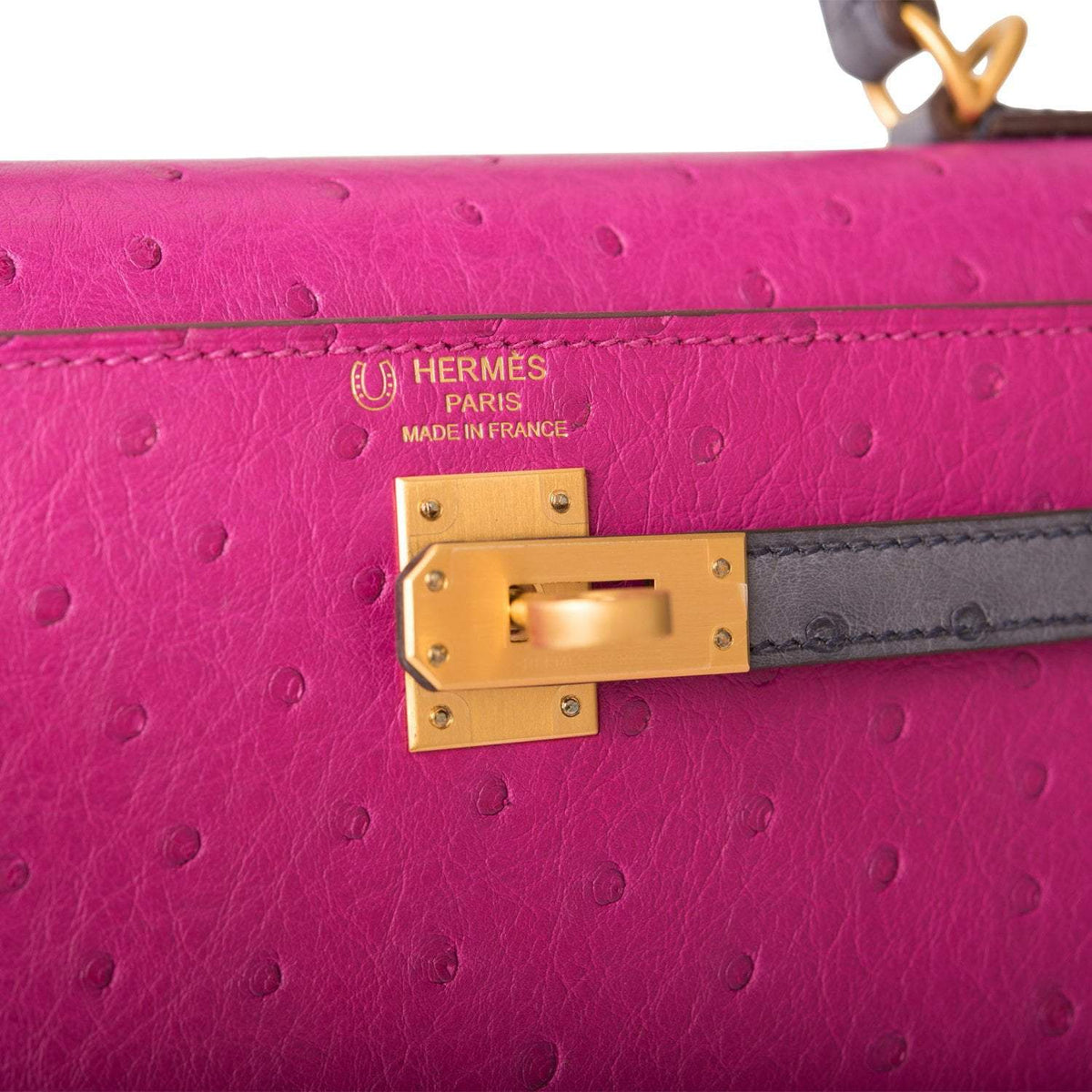 Hermes Horseshoe Stamp (HSS) Bi-Color Rose Pourpre and Gris Agate Ostrich Sellier Kelly 25cm Brushed Gold Hardware