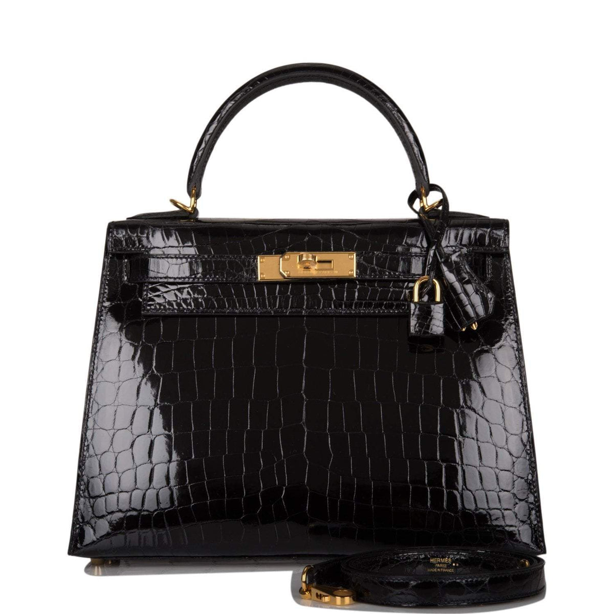 Hermes Black Shiny Niloticus Crocodile Sellier Kelly 28cm Gold Hardware