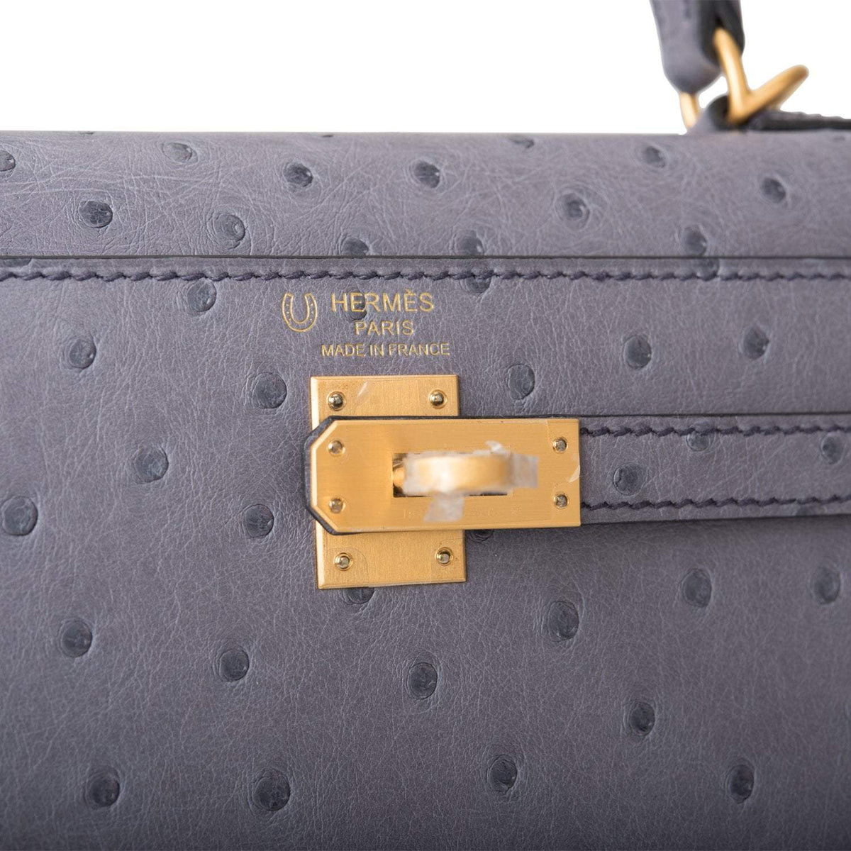 Hermes Horseshoe Stamp (HSS) Bi-Color Gris Agate and Bleu Electric Ostrich Sellier Kelly 25cm Brushed Gold Hardware