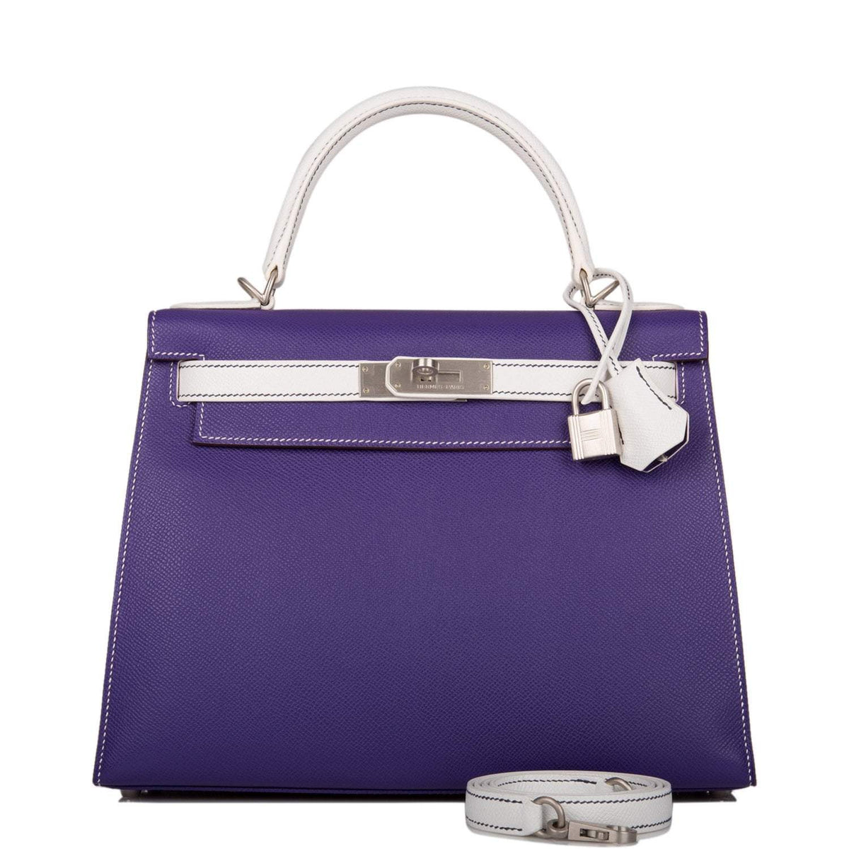 Hermes Kelly Sellier 28 Crocus and White Epsom Brushed Palladium Hardware