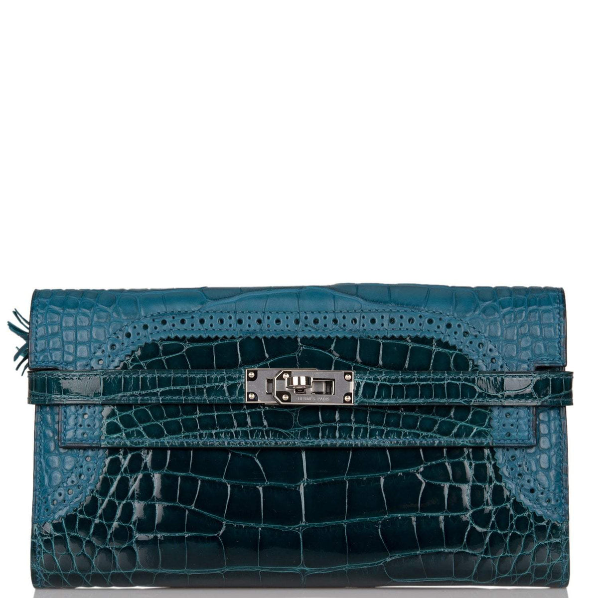 Hermes Kelly Long Wallet Bleu Colvert Alligator Ghillies Palladium Hardware
