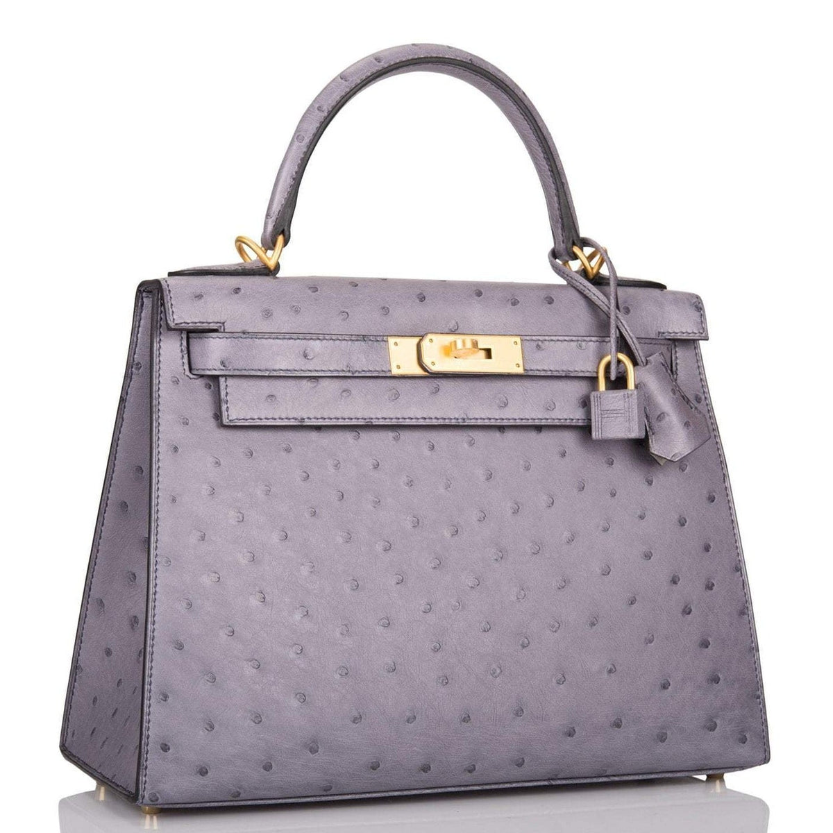 Hermes Kelly 28cm Bi-Color Gris Agate and Gris Perle Ostrich Sellier Brushed Gold Hardware