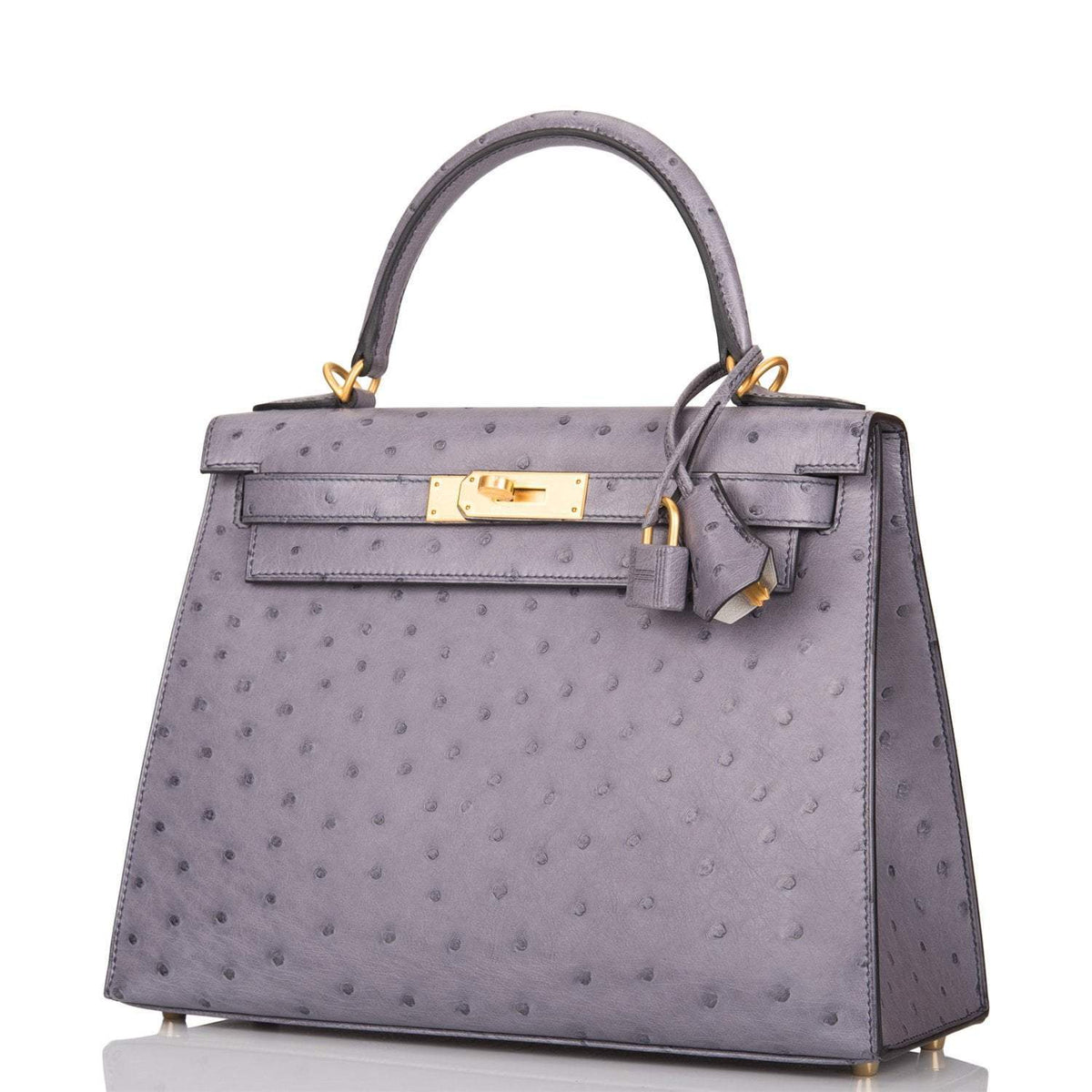 Hermes Kelly 28cm Bi-Color Gris Agate and Gris Perle Ostrich Sellier Brushed Gold Hardware