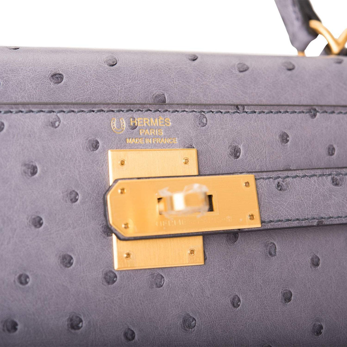 Hermes Kelly 28cm Bi-Color Gris Agate and Gris Perle Ostrich Sellier Brushed Gold Hardware